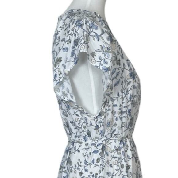 LOFT Dress Round Neck Tie Waist Short Sleeves White Blue Floral Women’s Size XL - Picture 7 of 10